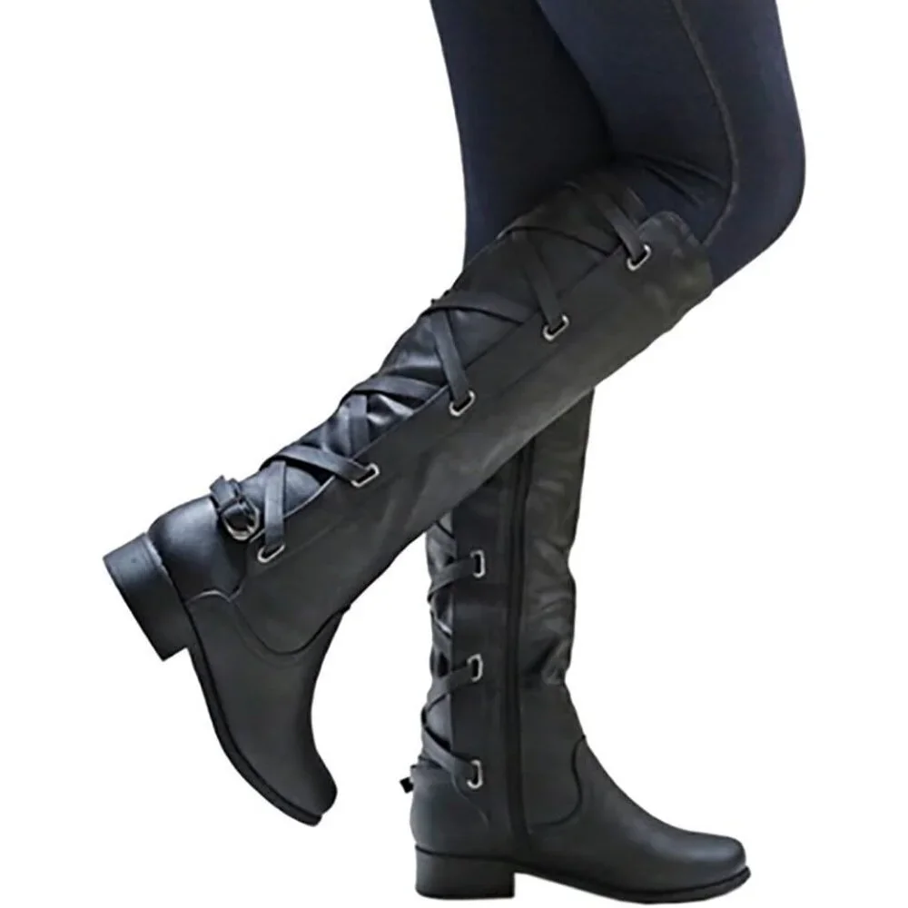 🆕Women Faux Leather Black Strappy Motorcycle Knee High Riding Flat Lace Up Boot